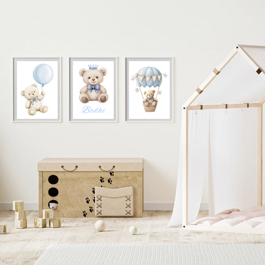 Set of 3 Teddy Bear Nursery Wall Prints – Personalised Baby Boy Decor
