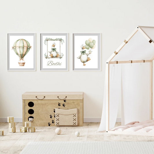 Set of 3 Goose Nursery Wall Prints – Personalised Baby Room Decor