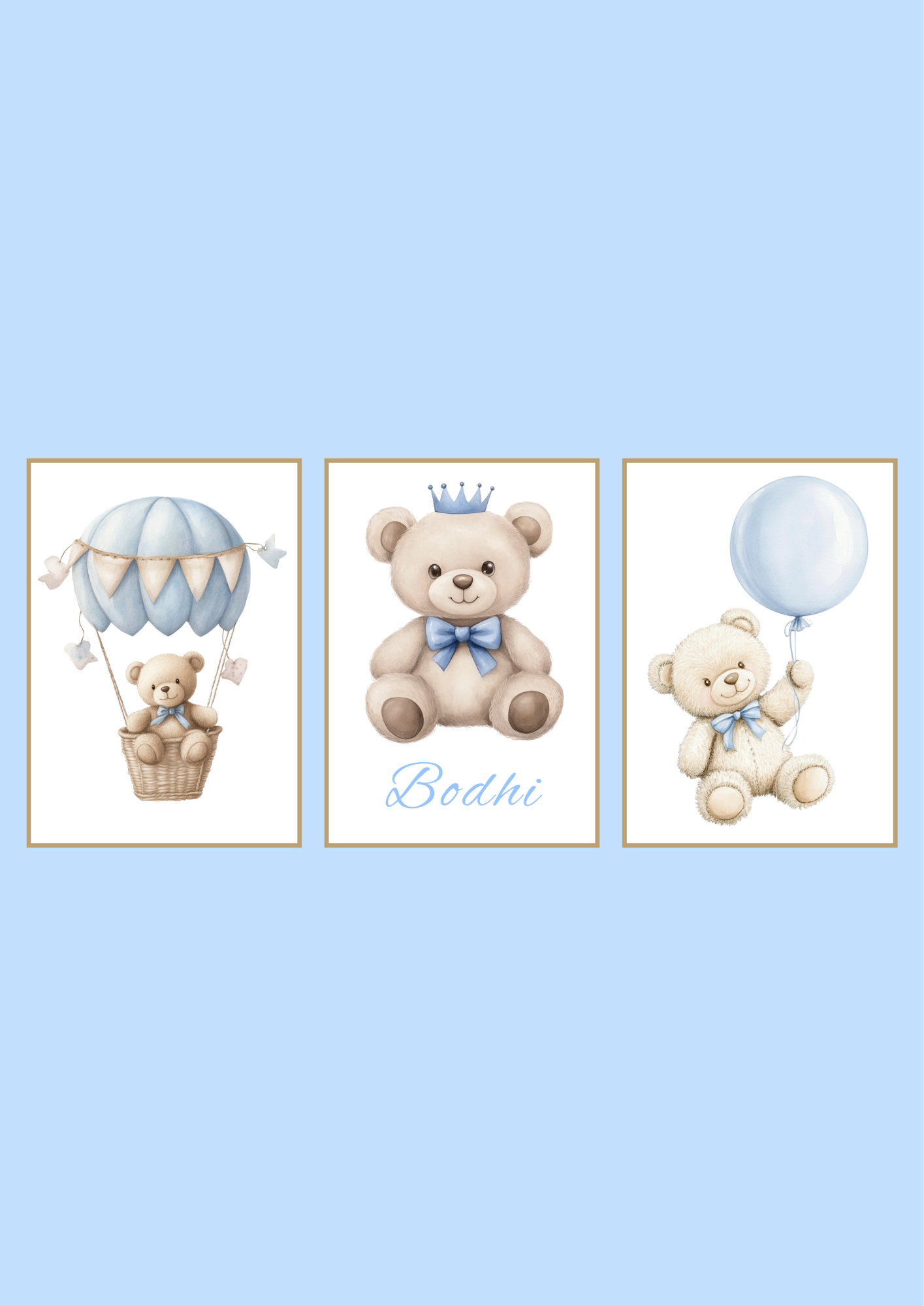 Set of 3 Teddy Bear Nursery Wall Prints – Personalised Baby Boy Decor